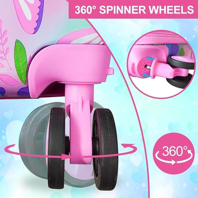5Pcs Kids Luggage Set, 16" Girls Travel Suitcase with Spinner Wheels, Butterfly Hardside Carry on Toddler Rolling Suitcase Airline Approved（Pink）