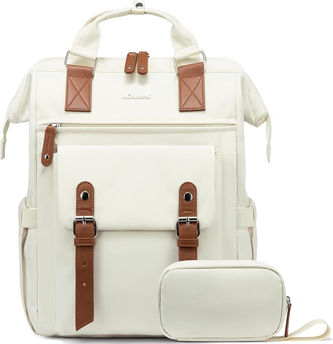 LOVEVOOK Laptop Backpack for Women Work Travel, Large Capacity Computer Backpack Purse, Nurse Bags Doctor Teacher Business Laptop Bag, Fashion College Backpack Casual Daypack, 17 Inch, Beige-brown