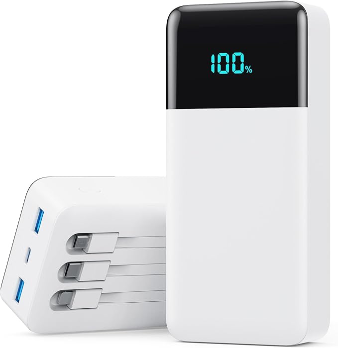 Portable Charger Power Bank 50800mAh,25W USB C Fast Charging Battery Pack with 3 Built in Cables & LED Display,6 Output 2 Input Travel Essentials Phone Charger for iPhone 17/16/15,Android etc (White)