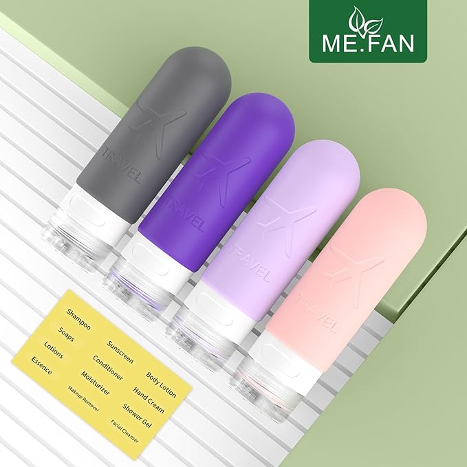 ME.FAN Travel Bottles for Toiletries, TSA Approved 3oz Travel Size Containers, Silicone Squeezable Portable Split Bottle, Travel Accessories for Conditioner, Shampoo, Lotion- 4 Pack Purple