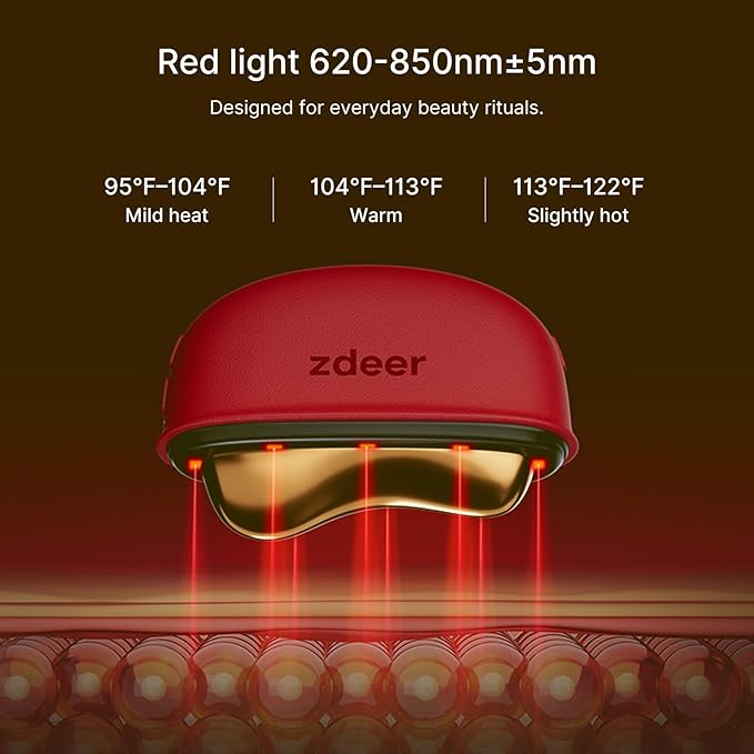 ZDEER GS5 Electric Heated Gua Sha Facial Sculpting Tool with Vibration, LED Red Light Therapy Face & Neck Massager, Skin Firming Device, Premium Gift for Women Mom, Includes 2 × 10ml Massage Oil, Red
