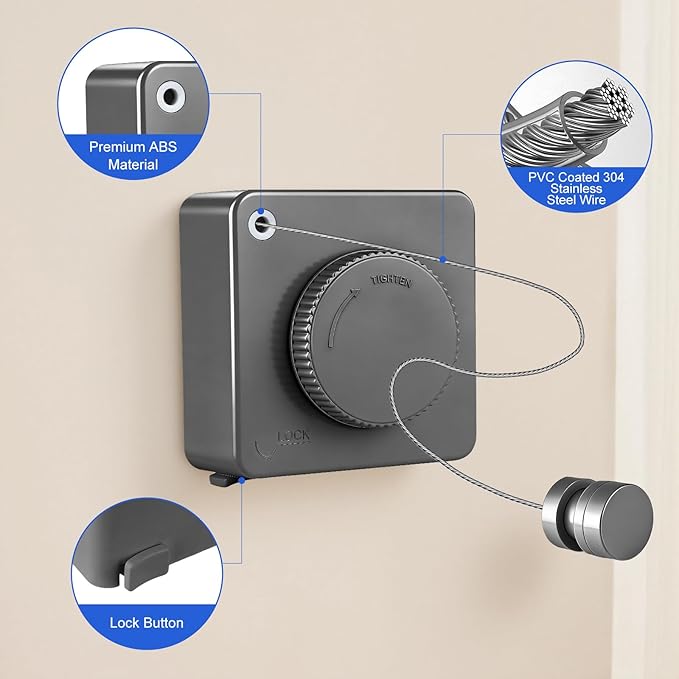 15.7Ft Retractable Clothesline Indoor Outdoor is Also an Anti-sag Clothes line for Indoors, Stainless Steel Wire Retractable Laundry Line for Drying Clothes, with 10 Windproof Clips (Gray)