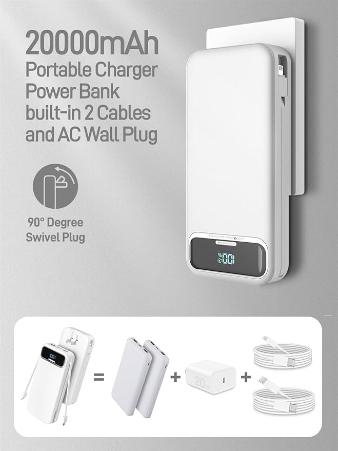 Portable Charger, 20000mAh 22.5W Fast Charging Power Bank with Built-in Cables & Wall Plug, Travel Essential External Battery Pack with LED Display, USB C Battery Phone Charger for iPhone iPad White