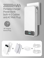 Portable Charger, 20000mAh 22.5W Fast Charging Power Bank with Built-in Cables & Wall Plug, Travel Essential External Battery Pack with LED Display, USB C Battery Phone Charger for iPhone iPad White