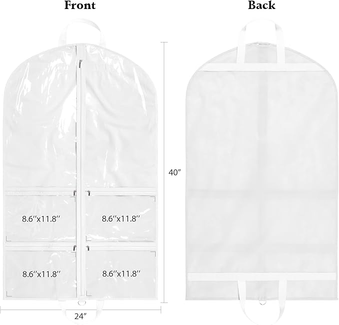 KEEGH CLear Garment Bags for Dance Costumes 40 inch Dance Garment Bags for Dancers Hanging Clothes for Closet Storage, with 4 Zipper Pockets for Dance Competitions, Ballet, Theatre, 2 Pack, White