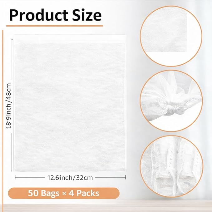 200 Pack Shoe Storage Bags, Large Drawstring Dust Bags for Travel, Non-Woven Breathable Shoe Covers for Boots, Purses, Heels – Portable Organizer Pouches, 18.9 x 12.6 Inch (White)