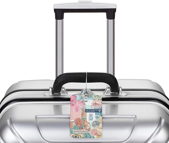 2 Pack Luggage Tags for Suitcases, PU Leather Bag Tag with Privacy Cover Address Card Travel Essentials-Summer Beach Collage