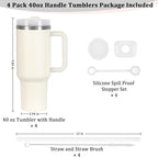 4 Pack 40 Oz Tumbler with Handle Bulk, Double Wall Vacuum Insulated Stainless Steel Tumbler with Lid and Straw, 40 oz cup with Silicone Spill Proof Stopper Set (Cream)