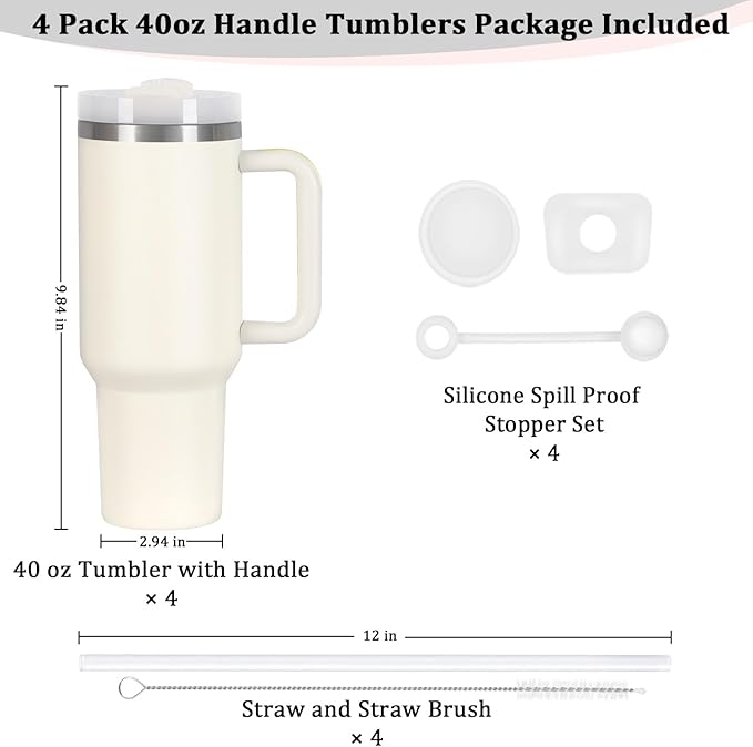 4 Pack 40 Oz Tumbler with Handle Bulk, Double Wall Vacuum Insulated Stainless Steel Tumbler with Lid and Straw, 40 oz cup with Silicone Spill Proof Stopper Set (Cream)