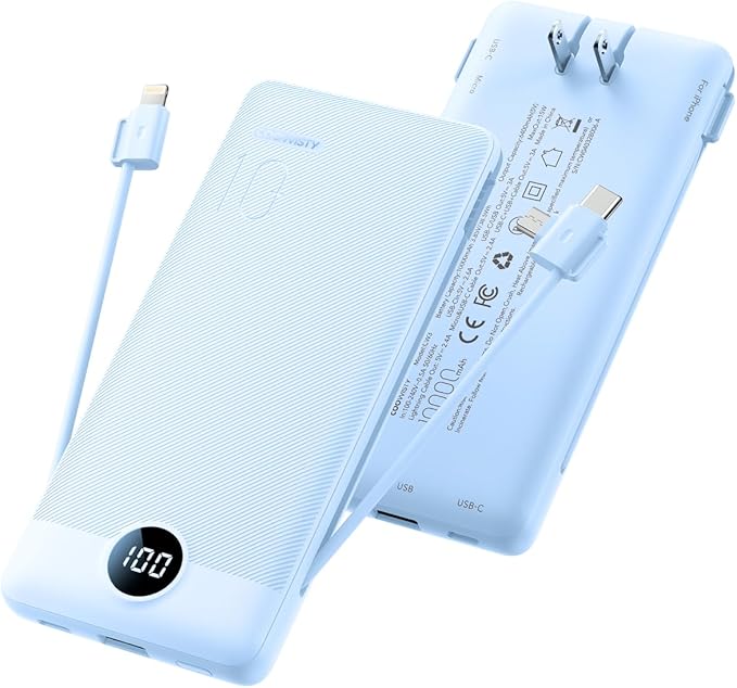 Portable Charger Built-in Cables and Wall Plug, 10000mAh Slim USB C Power Bank, LED Display External Battery Pack Compatible with iPhone/Android & More (Blue)