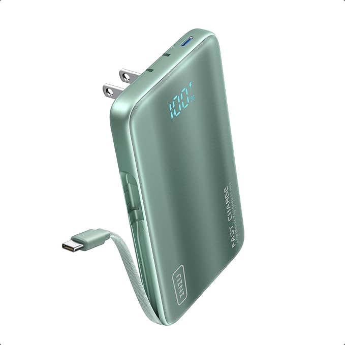 INIU 3-in-1 Portable Charger, 45W 10000mAh Fast Charging Power Bank, Built-in USB C Cable & Foldable Wall Plug, Travel Essentials, Battery Pack for iPhone 17 16 15 Series, Samsung, MacBook, etc. Green
