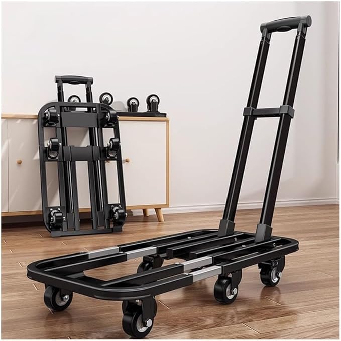 Flat Bed carts with Wheels Foldable Cargo Trolley Folding Transporter Household Flatbed Trolley Portable Luggage Express Trolley Small Trailer Trolley Heavy - Duty trolleyflatbed Truck(Black