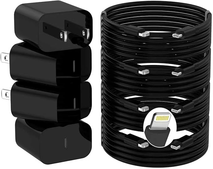 iPhone Charger Fast Charging,20W PD USB C Wall Charger 4 Pack with 6FT Fast Charging Cable - Fast Charger for iPhone 14/14 Pro Max/13/13 Pro/12/12 Pro/11/11 Pro/XS, iPad（Black）