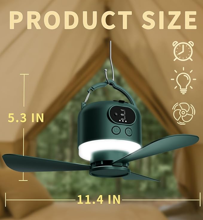 Wireless Portable Ceiling Fan with Remote, 3-Blade Design, 10040mAh Battery Operated, USB Rechargeable Hanging Fan with Hook for Tent, Camping, Outdoor, Type-C Rechargeable (Green)