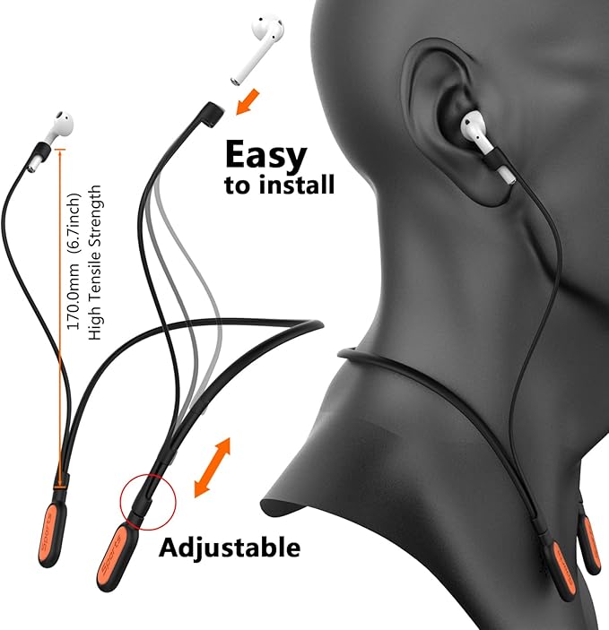 Compatible Airpods Strap, Silicone Anti-Lost Strap Connector Sports Neckband Compatible for Airpods Pro 3/2/1, Air Pod 4, 3, 2, 1, Black with Orange