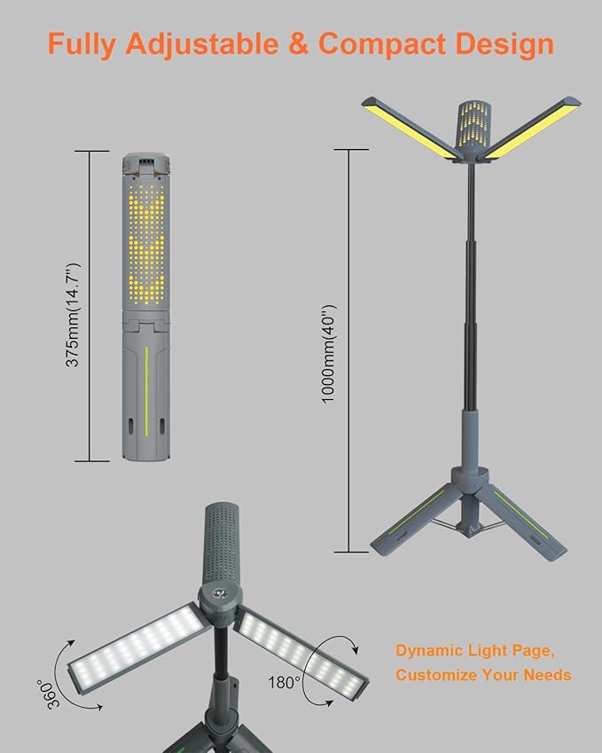 3000 Lumen Rechargeable LED Camping Lantern & Work Light, Telescopic Flashlight with Power Bank, 40" Height Adjustable, 360° Rotating, 6 Modes with Flame Effect for Emergency, Fishing, Outdoors