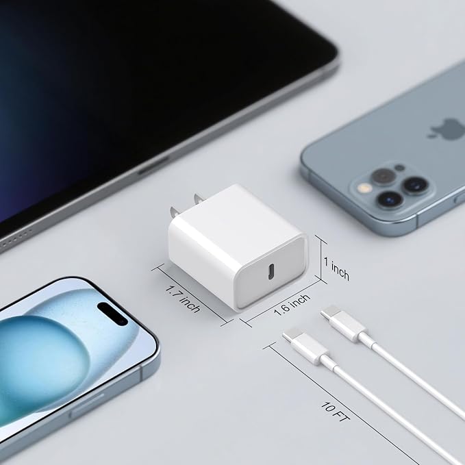 iPhone 17 16 15 Charger Fast Charging, [ETL Safety Certified] 2 Pack 10FT USB C Charger Cable with 20W Type C Fast Charging Block for iPhone 17/17 Pro/17 Pro Max/16/16 Pro/16 Pro max/16 Plus/15（White）