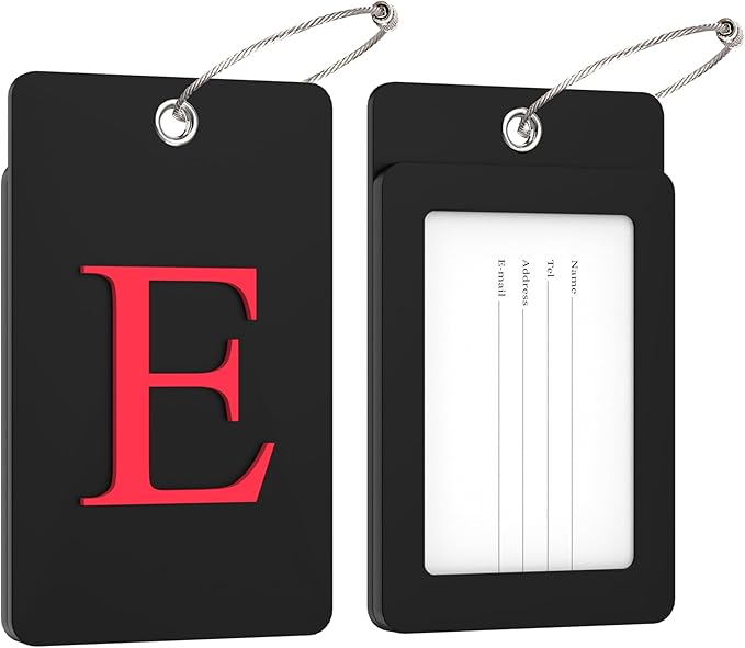 Gostwo 2 Pack Luggage Tags for Suitcases, 26 Initial Letter Travel Luggage Baggage Identification Labels ID Tag Fully Bendable Tags with Stainless Steel Loop (Black) (Letter E)