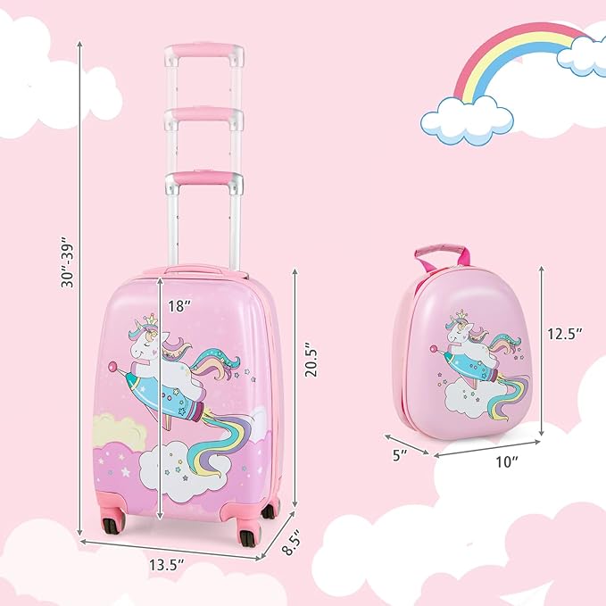 GYMAX 2Pc Kid Carry On Luggage Set, 12" & 18" Kids Suitcase with 4 Spinner Wheels, Travel Rolling Trolley