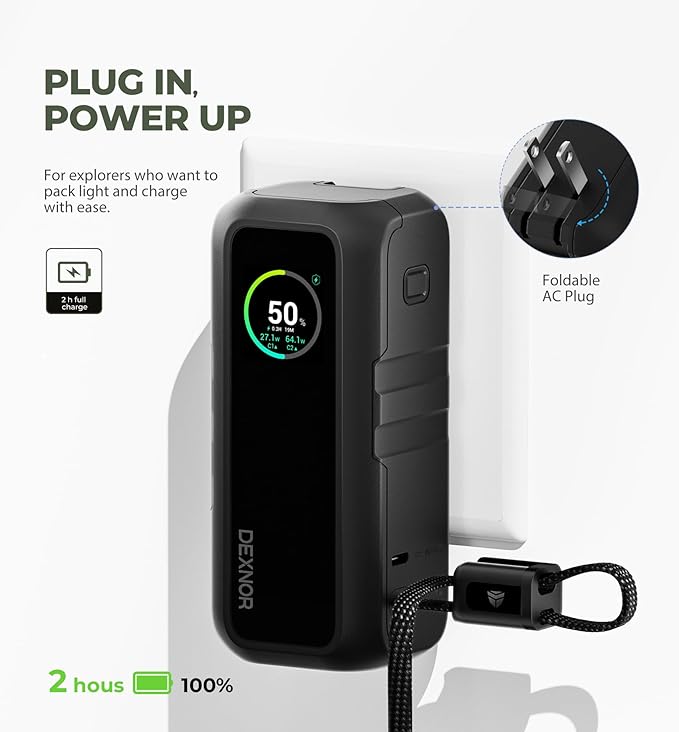 Dexnor 3-in-1 Portable Charger, 15,000mAh 65W Power Bank with Foldable AC Wall Plug and Built-in USB-C Cable, Fast Charging Battery Pack for iPhone, iPad, MacBook, Samsung, Cell Phones, Laptop etc.