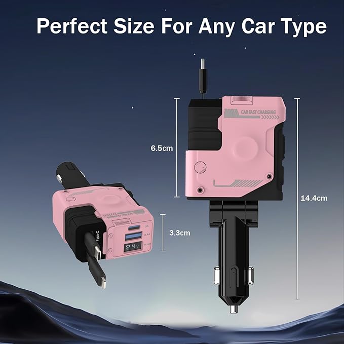 Retractable Car Charger, 4 in 1 Retractable Phone Charger with 66W Fast Charging, 2 Retractable Cables and 2 USB-C USB-A Por, Cute Girly Car Accessories for iPhone 17/16/15/14/13/12, Samsung, Pixel