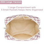 Narwey Checkered Makeup Bag Pink Travel Cosmetic Bag Organizer Toiletry Bag Make Up Bags with Compartments for Women Girls (Large, Dusty Rose Checkerboard)