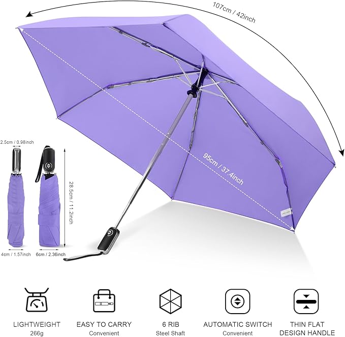 Compact Travel Umbrella for Purse - Flat Handle, Waterproof for Light Rain