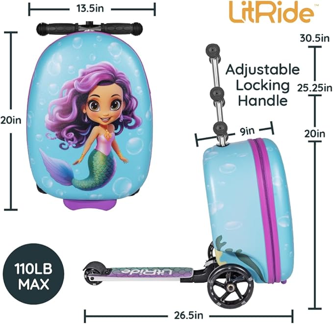 Hardshell Kids Ride-On Luggage with Scooter Suitcase – Carry-On Compliant with LED Light-Up Wheels – Fun and Functional Travel Companion for Children Ages 5–12