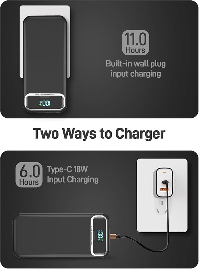 Portable Charger, 20000mAh 22.5W Fast Charging Power Bank with Built-in Cables & Wall Plug, Travel Essential External Battery Pack with LED Display, USB C Battery Phone Charger for iPhone iPad Black
