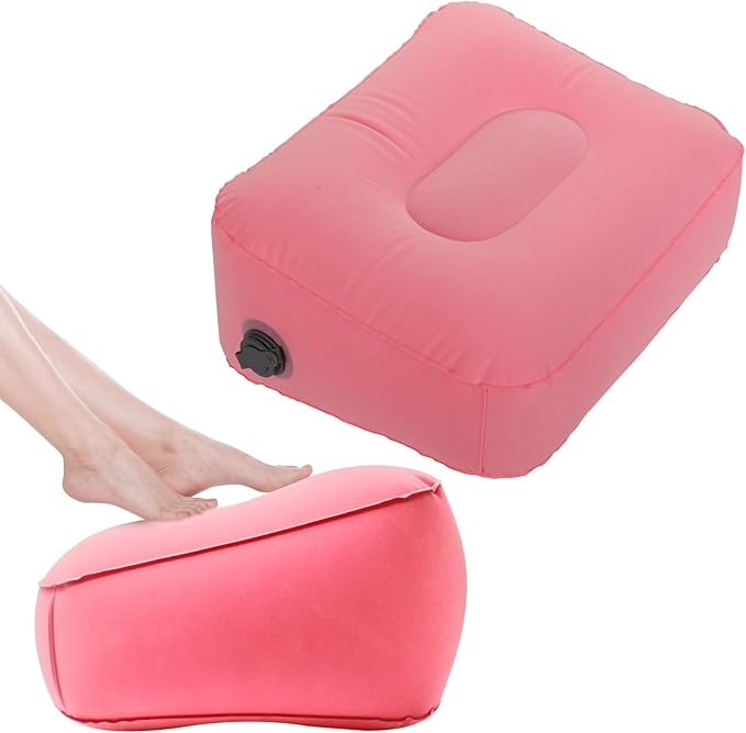 Inflatable Foot Rest Pillow for Travel,Kids Airplane Bed,AdjustableAir Travel Essentials,Car, Office, Home - Fast Inflation （Pink