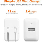 Amazon Basics 12W One-Port USB-A Wall Charger (2.4A), Portable, for Phones (iPhone 16/15/14/13/12/11/X, Samsung, and more), 2-Pack, White