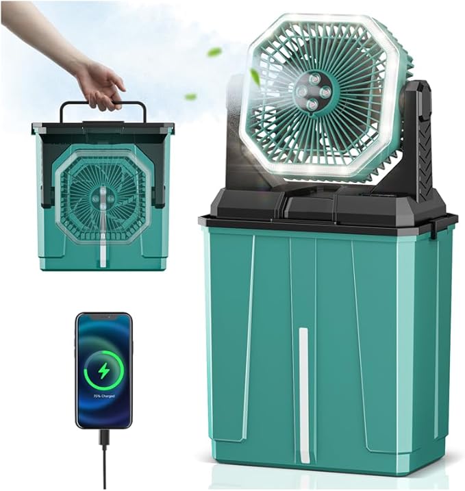 Allsion Rechargeable Misting Fan, 24000mAh Camping Misting Fan with 8L Water Bucket, 3-Speed Outdoor Cooling Fan with LED Lights, 120°Oscillation for Camping, Backyard, Patio, Outdoor, Blue-Green
