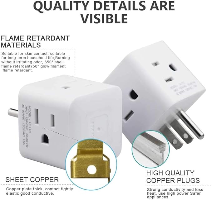 Multi Plug Outlet Splitter, USHANLIN 4 Way Electrical Outlet Extender 3 Prong Mini Travel Wall Plug for Office Home Dorm