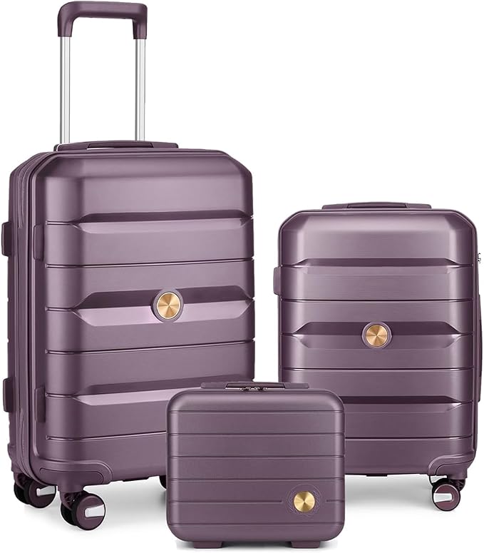 Somago Luggage Sets 3 Piece Hard Shell Polypropylene Suitcase with TSA Lock Spinner Carry On Luggage with Beauty Case Travel Set,Elegant Purple