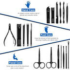 Professional Stainless Steel Nail Clipper Travel & Grooming Kit Nail Tools Manicure & Pedicure Set of 18pcs with Luxurious Case (Black/Blue)