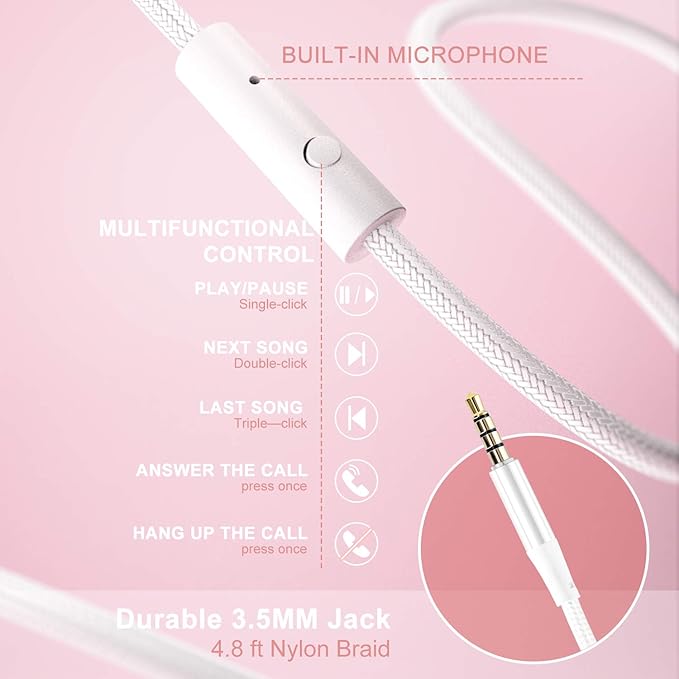 LORELEI X8 Over-Ear Wired Headphones with Microphone with 1.45m-Tangle-Free Nylon Line&3.5mm Plug,Lightweight Foldable & Portable Headphones for Smartphone,Tablet,Computer,Mp3/4（Pearl Pink）