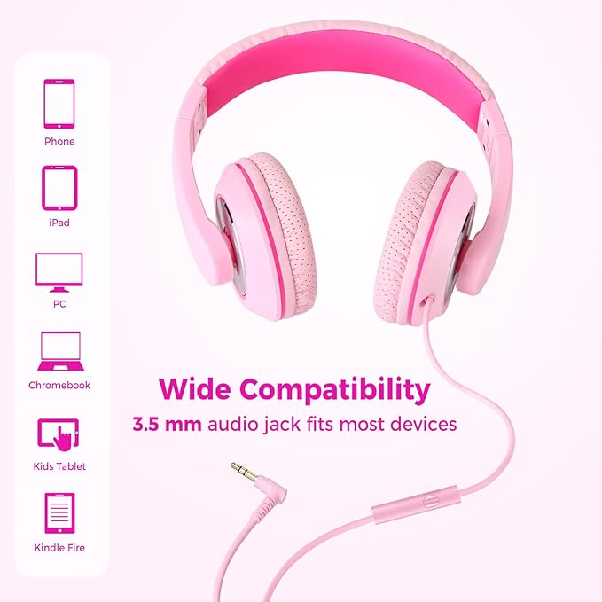 rockpapa Comfort+ Kids Headphones with Microphone, Boys Girls Student Over-Ear Headphones Wired Foldable for School Classroom Laptop PC Computer Tablet Pink