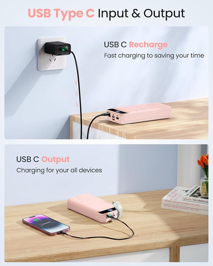 Power Bank Fast Charging 50000mAh - 22.5W Portable Charger USB C Quick Charge with 4 Outputs & 3 Inputs LED Display Huge Capacity External Battery Pack for iPhone, Samsung, iPad etc Pink