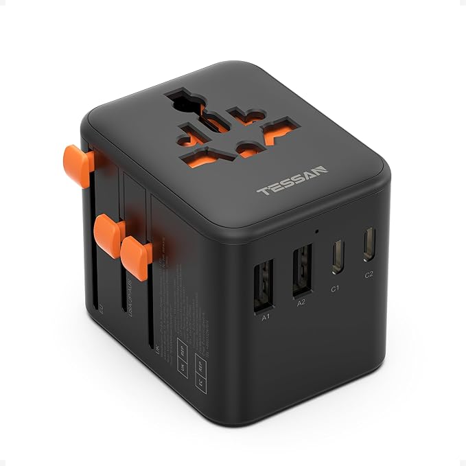 TESSAN Universal Travel Adapter, International Power Adapter with 4 USB Ports (2 USB C), Travel Plug Adaptor Worldwide for US to Europe UK France Germany Spain Ireland Australia Japan (Type C G A I)