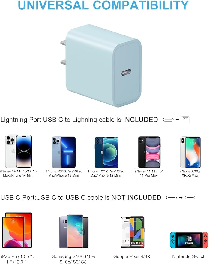 iPhone 14 13 12 Fast Charger 20W PD USB C Wall Charger with 6FT Fast Charging Cable for iPhone 14/14 Pro/14 Pro Max/14 Plus/13/12/11/Pro/Pro Max/Mini/Xs Max/X, iPad - Blue