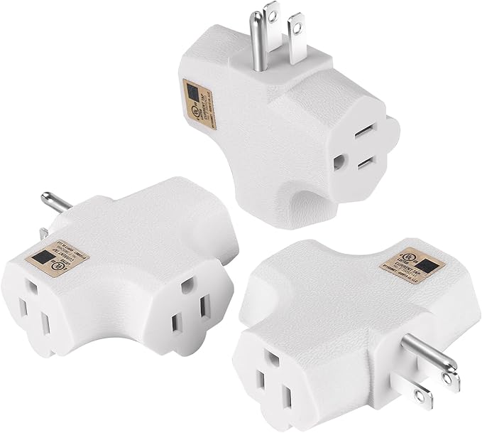 3 Outlet Wall Adapter T-Shaped, UL Listed 3 Prong Grounded Plug Extender,125V 1875W - Heavy Duty Multi Outlet Wall Plug,Power Outlet Splitter (3 Pack)