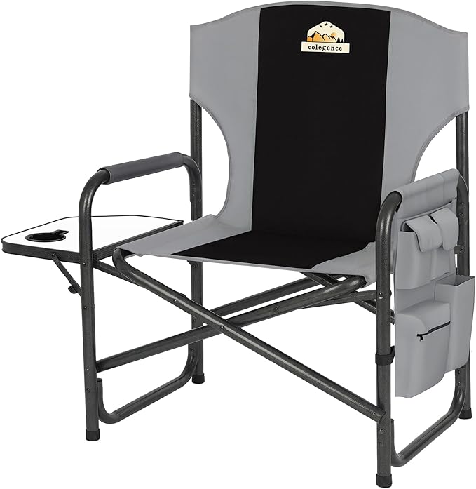 Colegence Oversized Directors Camping Chair Support 600 LBS, Heavy Duty Folding Outdoor Chairs with Detachable Side Pocket and Adjustable Side Table for Outside Beach,Lawn,Fishing (Black)