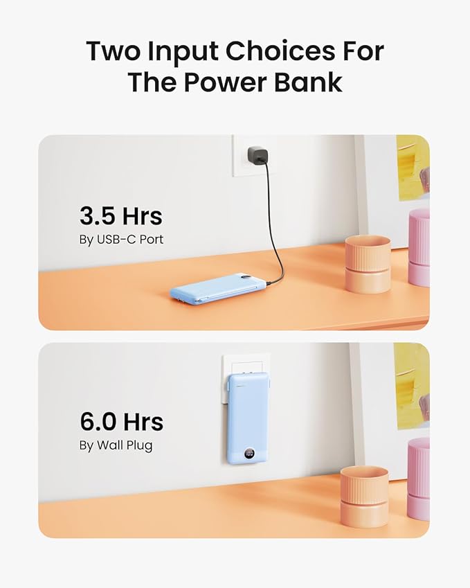 Portable Charger Built-in Cables and Wall Plug, 10000mAh Slim USB C Power Bank, LED Display External Battery Pack Compatible with iPhone/Android & More (Blue)