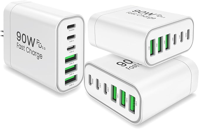 90W GaN USB C Charger Block [3 Pack],6-Port USB C Wall Charger Fast Charging 45W PD Power Adapter for MacBook Air/iPad Pro/iPhone 17Pro Max/Samsung Galaxy S24 Ultra/Tabs for Home Travel