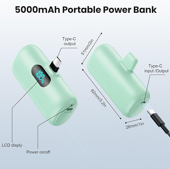 Mini Portable Charger USB C Power Bank,Upgraded 5000mAh PD Fast Charging Battery Pack Built-in USB-C Connector Travel Essential for iPhone17/17Pro/17Pro Max/Air/16 Plus/16Pro Max/15 Series,Android etc