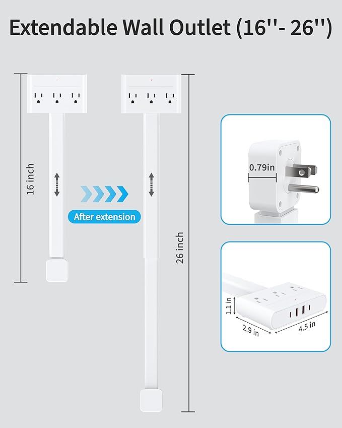 Electrical Outlet Extender Stick-360° Rotating Wall Outlet, Features 3 AC Outlets, 2 USB-A & 2 USB-C, Extends 16"-26", Extendable for Hard-to-Reach Outlets Behind Couches, Nightstands, Desks, and More