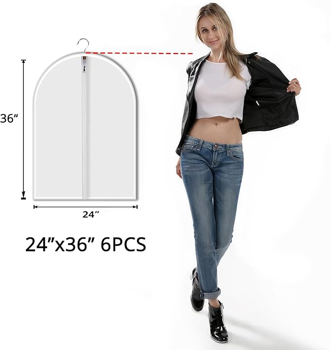 MsKitchen 6 Pack Shirt Garment Bags (24x36") - Dustproof Short Suit Covers - Durable PEVA Closet Bags with Sturdy Zipper for Blouses, Jackets, Sweaters & T-Shirts (Translucent)