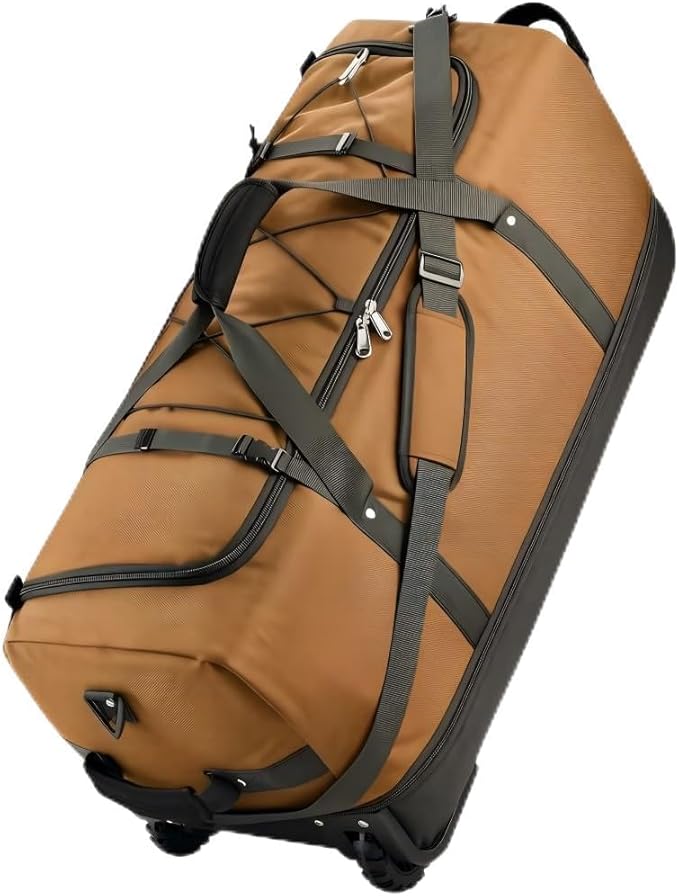Rolling Duffle Bag with Wheels,110L/140L Expandable Soft-Sided Foldable Duffle Bag with 2 Rubber Wheels,Packable 32” Rolling Carry-On with Multi-Pockets & Compartments (brown)
