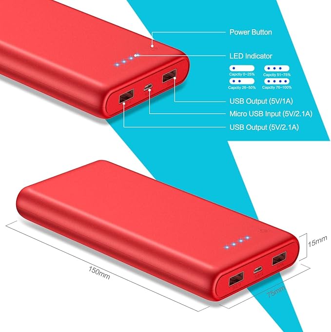 Portable Charger Power Bank 26800mah,Ultra-High Capacity Safer External Cell Phone Battery Pack,2 USB Output High Speed Charging Power bank Compatible with iPhone 17 16 15 14 13 Samsung Android LG-Red