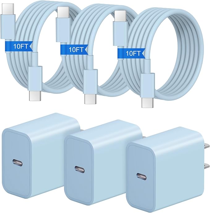 iPhone 17 16 15 Charger Fast Charging 3+3Pack 20W USB C Wall Charger with 10FT Fast Charging Cable Compatible with iPhone 17/17 Air/17 Pro/17 Pro Max/iPhone 16/15 Series, iPad Pro/AirPods -Blue